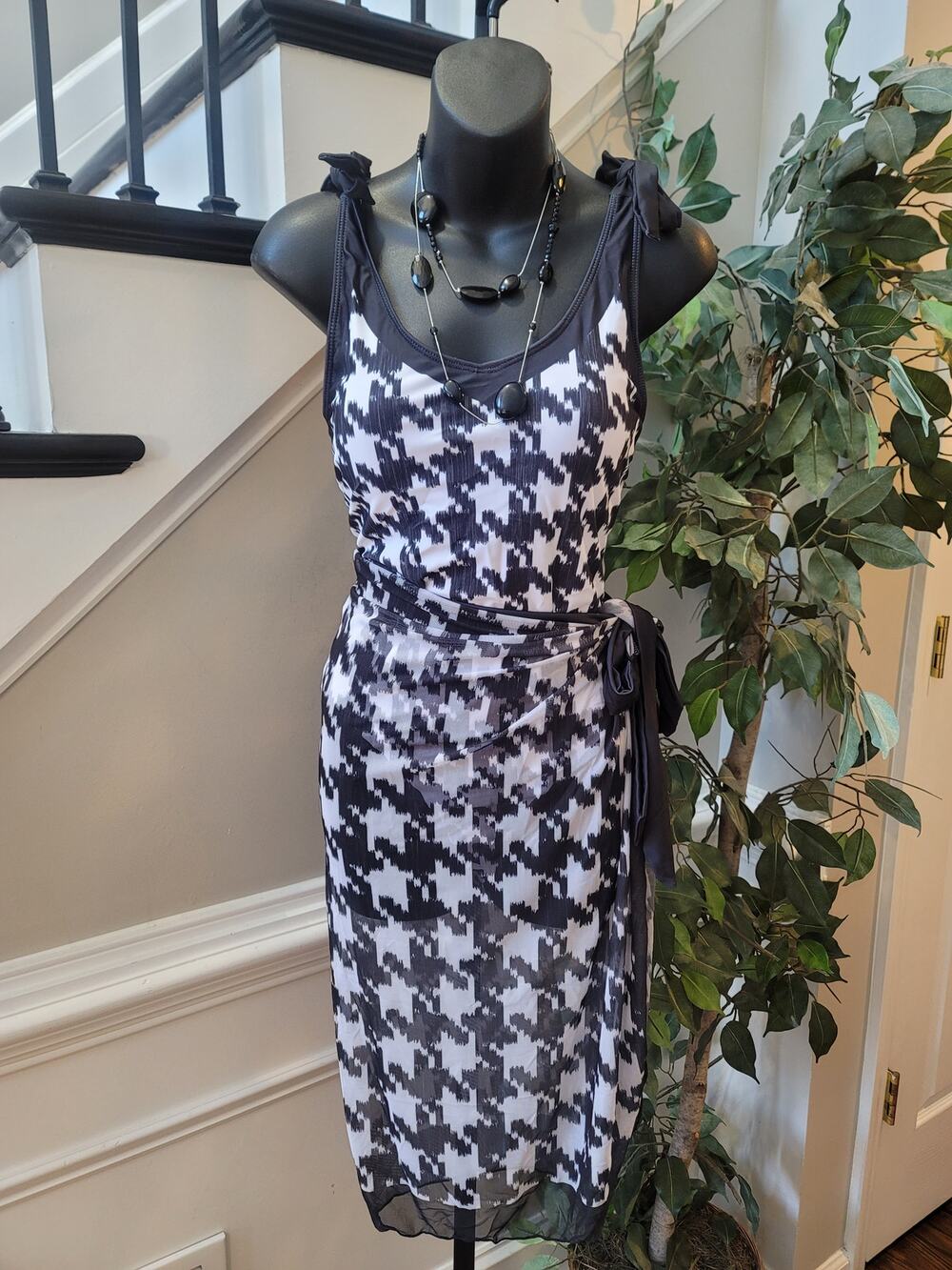 Swim Suit Set Women's Large Black/White Houndstooth Padded Bra Sarong Wrap